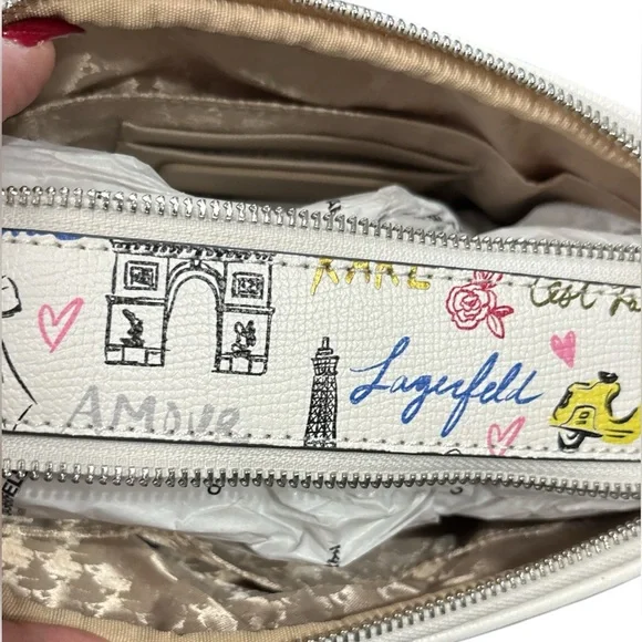 Karl Lagerfeld Paris Crossbody Bag Paris Print Cream Logo Strap Adjustable NWT - Picture 12 of 14